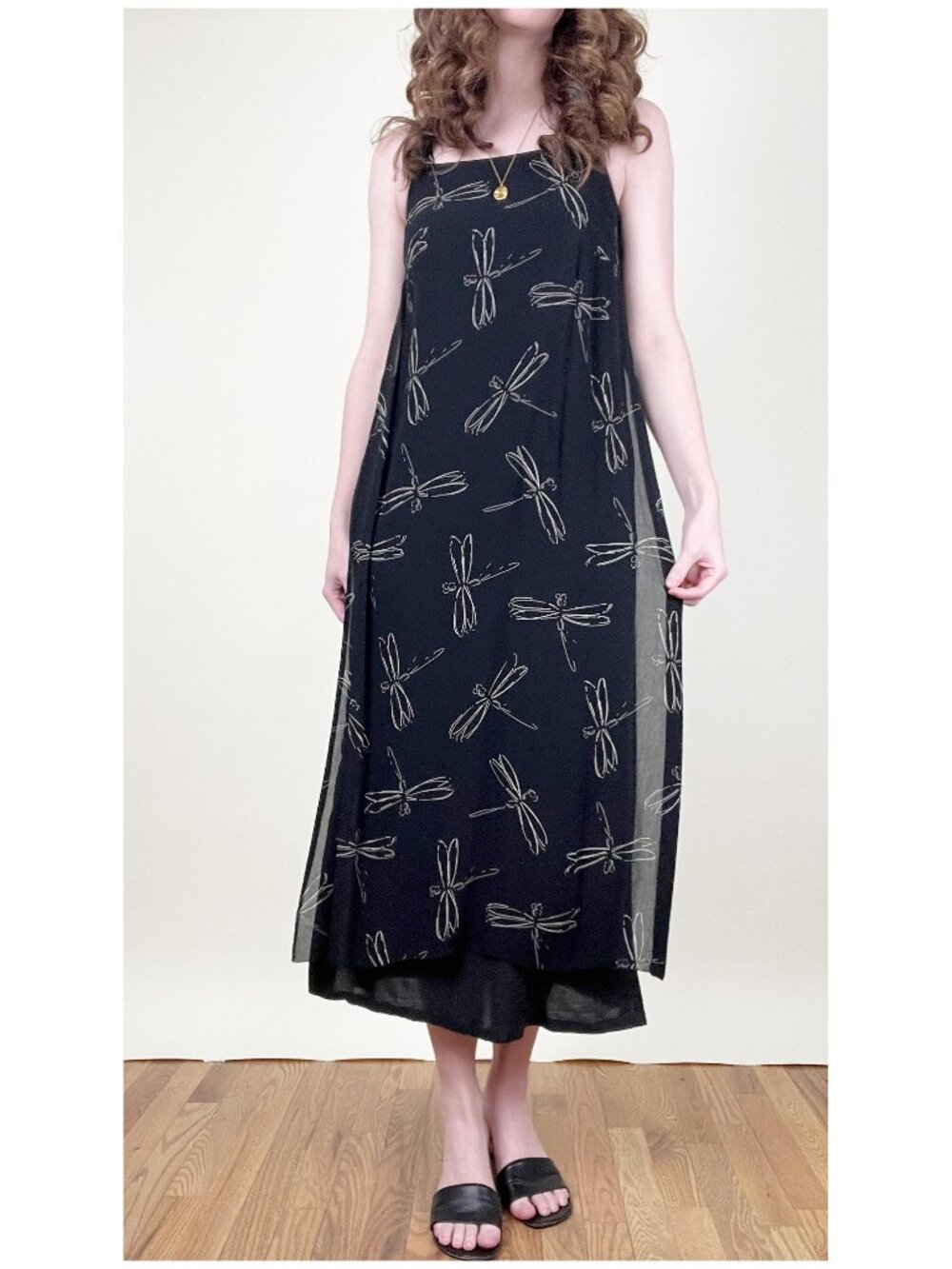 Vintage 90s Dragonfly Novelty Print Midi Maxi Dress Shift Summer Sundress 1990s
